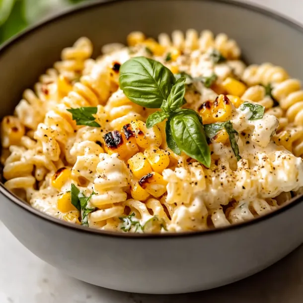 A bright bowl with greens, pasta, and golden corn.
