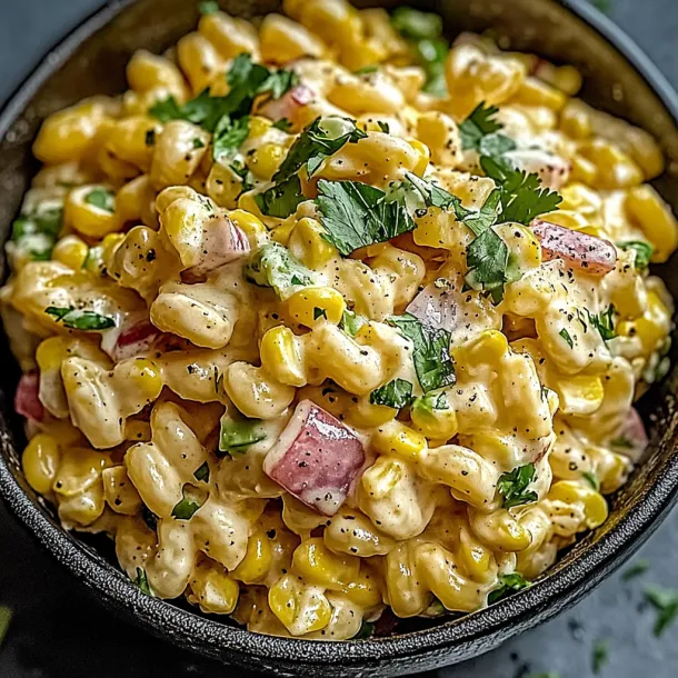 Bowl of cheesy pasta mixed with corn.