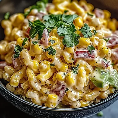 Bright bowl showing corn, pasta, cheese, and herbs.