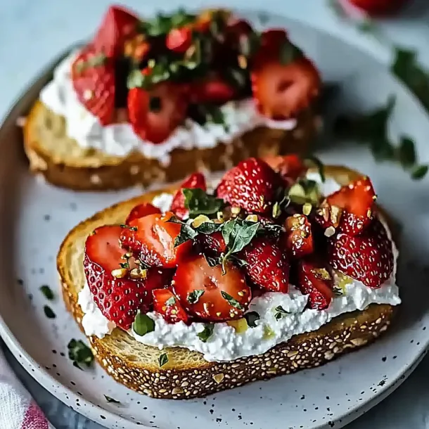 Two slices of bread topped with strawberries and whipped cheese mixture.