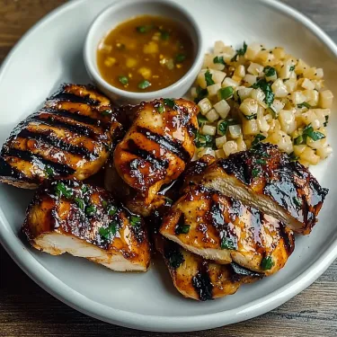 A plate of food with chicken, corn, and sauce.
