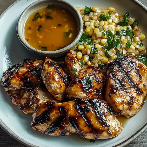 Chicken with sauce and corn on a plate, ready to eat.