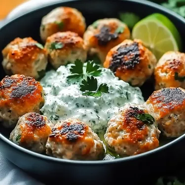 A bowl packed with meatballs and a scoop of creamy sauce on top.