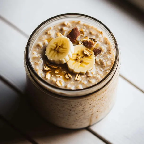 Jar filled with oats and bananas on top.