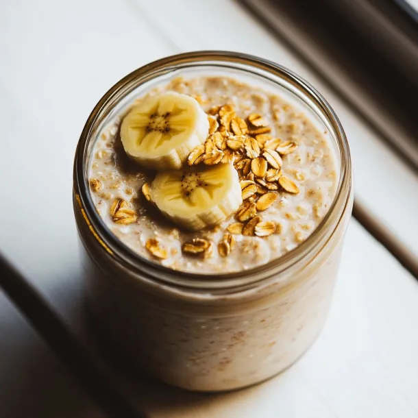 A glass jar of oatmeal with bananas on top.