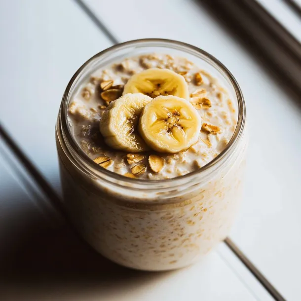 A glass jar of oatmeal with bananas on top.