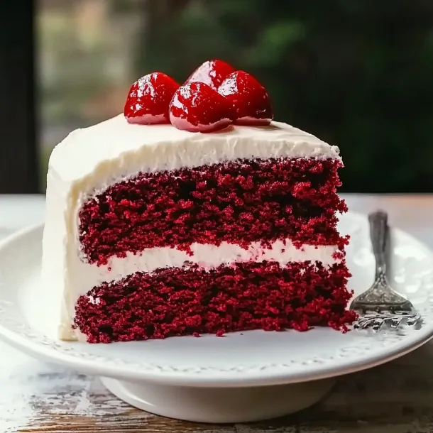A slice of red velvet cake with strawberries on top.