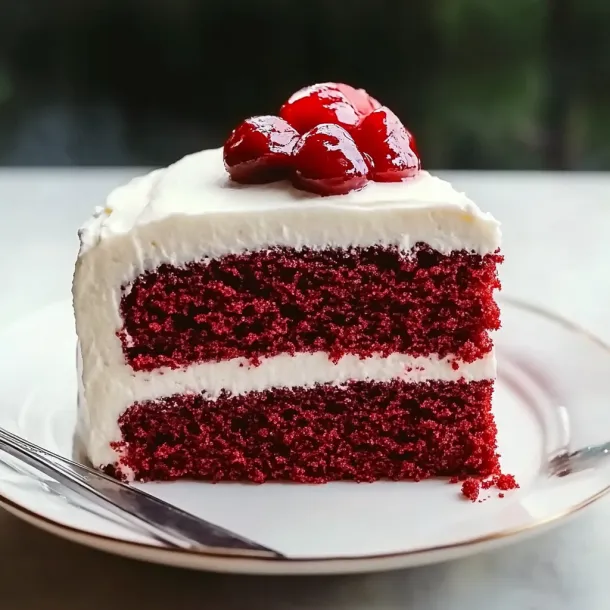 A piece of red velvet cake sitting on a plate.