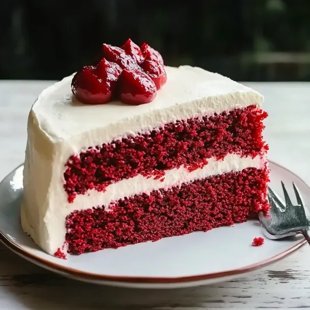 A slice of red velvet cake with white frosting.