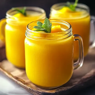 Three glasses filled with orange-colored juice and a sprig of mint.