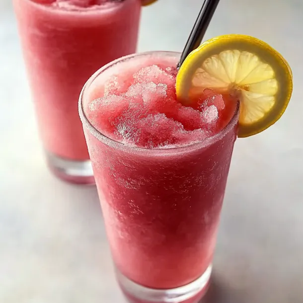 Two glasses of pink drinks with lemon slices.