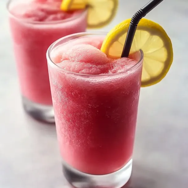 Two pink slushy drinks garnished with lemon slices.