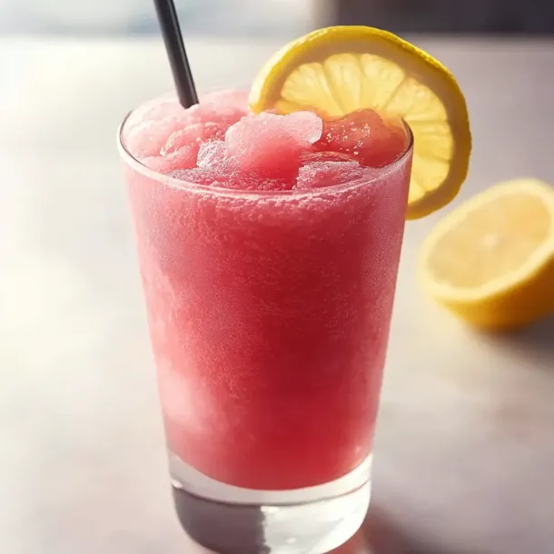 A glass filled with a pink icy drink and a lemon slice on the rim.