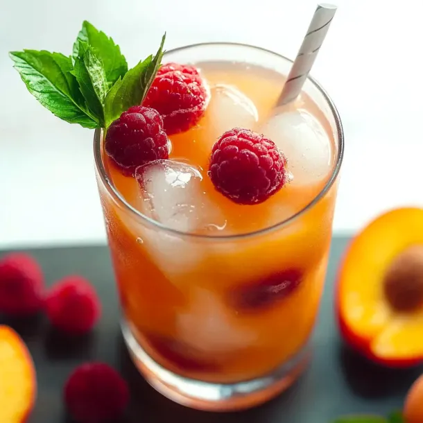 Orange-hued iced tea in a glass, garnished with raspberries.