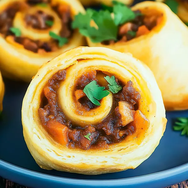 A dish piled with pastry and beef pinwheels, ready to eat.