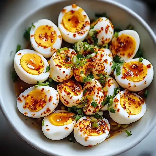 A bowl of eggs with spices.