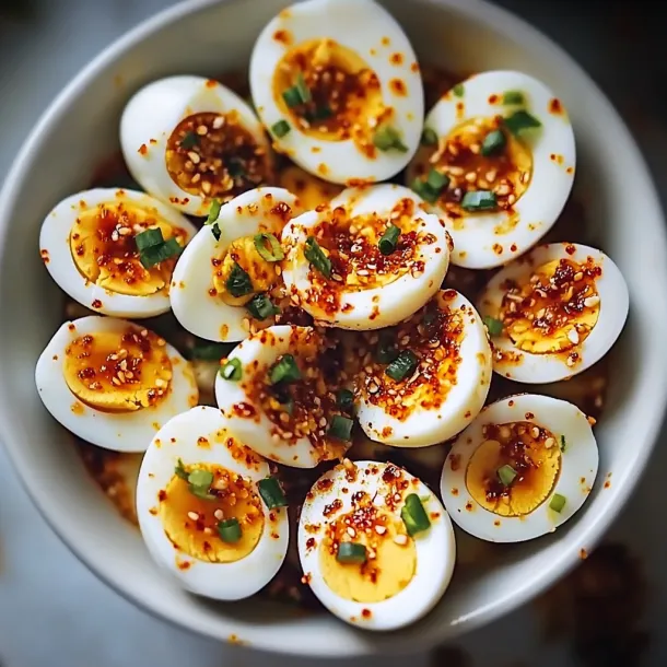 A bowl full of seasoned eggs.