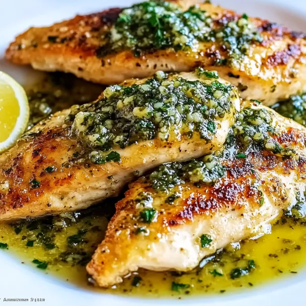 Chicken with lemon and herbs on top.