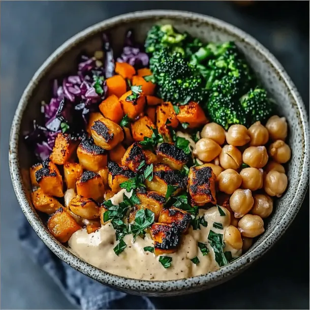 A bowl packed with veggies and a drizzle of dressing.