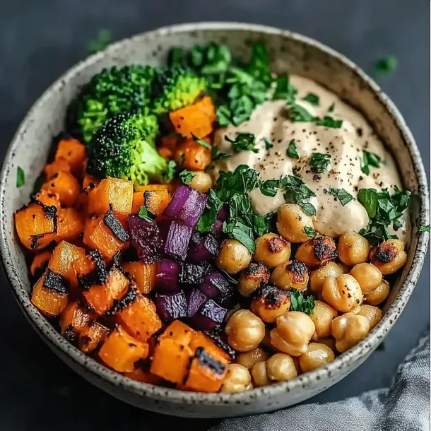 A vibrant bowl with veggies and creamy dip.