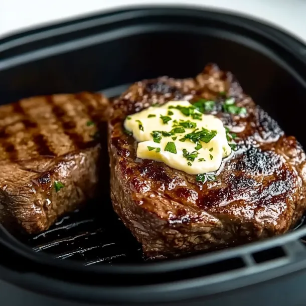 Steak with melting butter sitting on top.