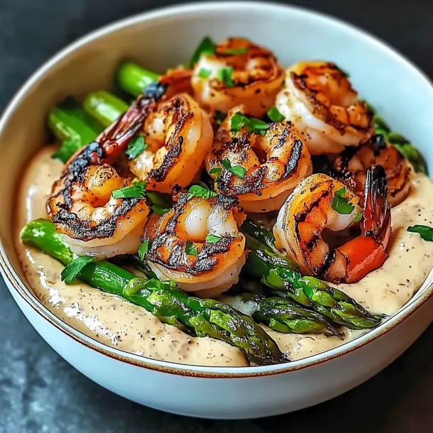 A bowl loaded with shrimp and asparagus.