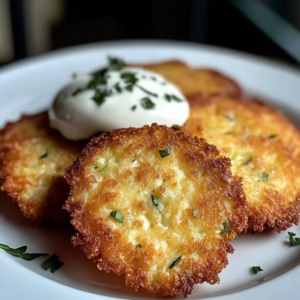 Crispy zucchini fritters stacked up with a creamy topping.