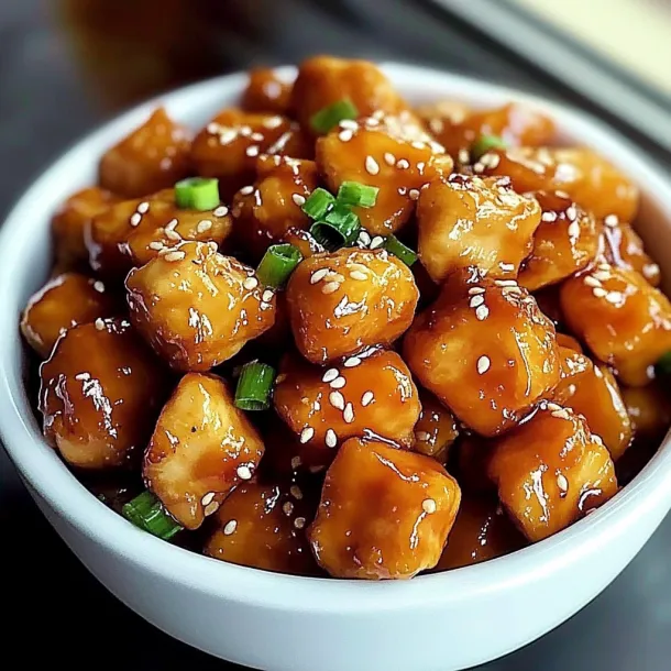 A bowl filled with saucy chicken bites.