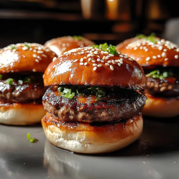Four burgers stacked with onions and mustard drizzled on top.