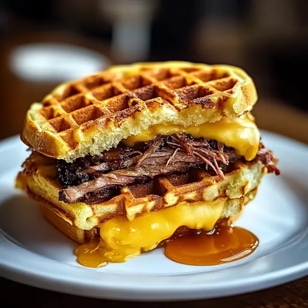 A waffle sandwich with meat and cheese.