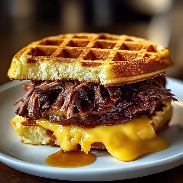 A waffle sandwich with meat and cheese.