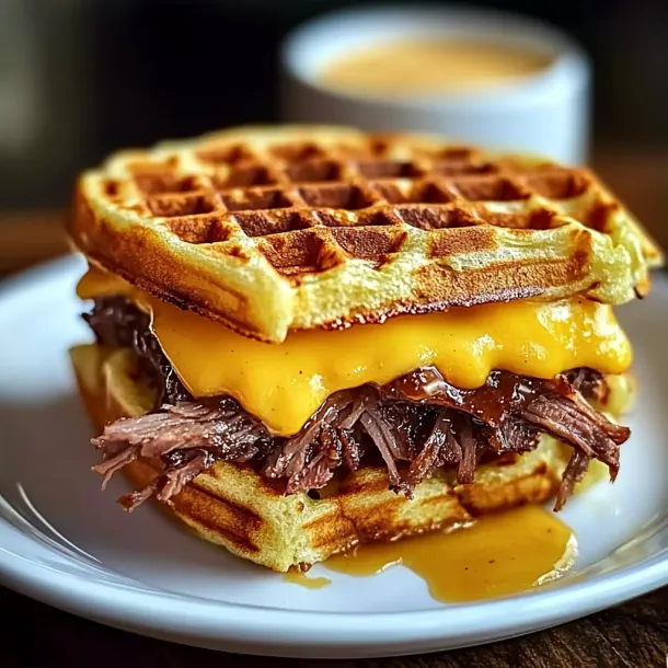 A waffle sandwich packed with brisket and melted cheese.
