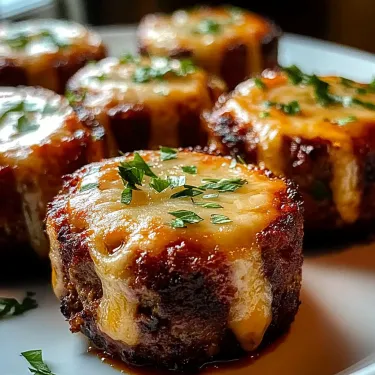 A plate loaded with mini meatloaf bites topped with herbs.