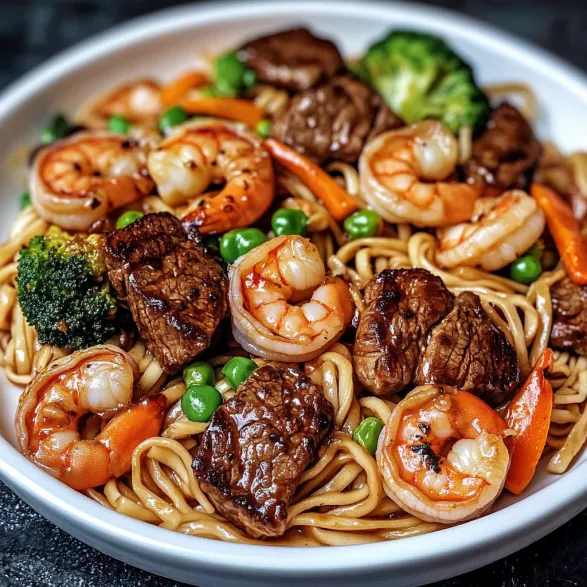 A bowl packed full of shrimp, steak, noodles, and veggies.
