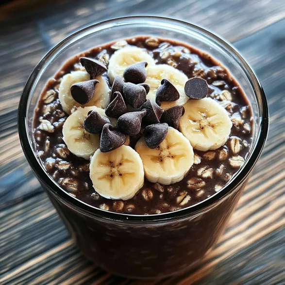 Glass full of chilled chocolate oats topped with banana slices.