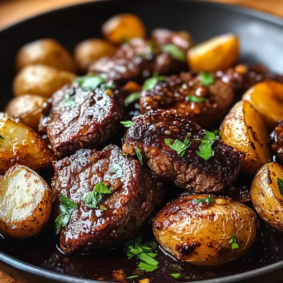 A bowl packed with meat and potatoes.