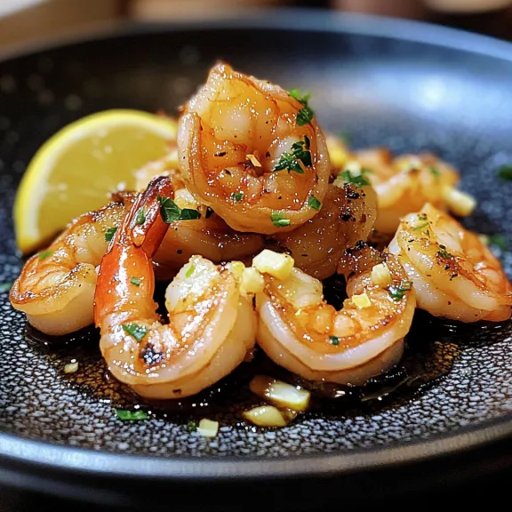 A plate of shrimp with lemon and herbs.