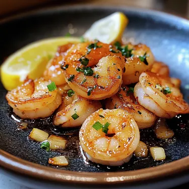 A plate of shrimp with lemon and parsley.