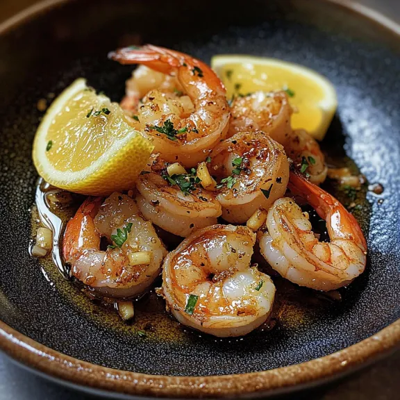 Shrimp in a bowl with slices of lemon.