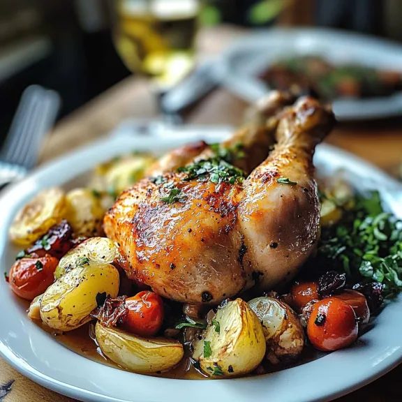 A plate of food with a chicken and potatoes.