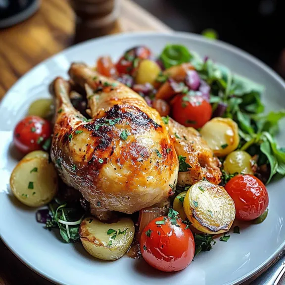 A plate of food with a chicken breast, tomatoes, potatoes, and greens.