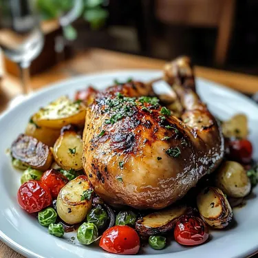 A plate of food with roasted chicken and golden potatoes.