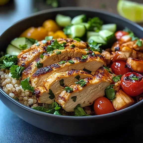 A bowl of food with chicken, tomatoes, and cucumbers.