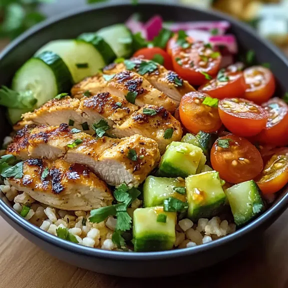 A bowl of food with chicken, tomatoes, and cucumbers.