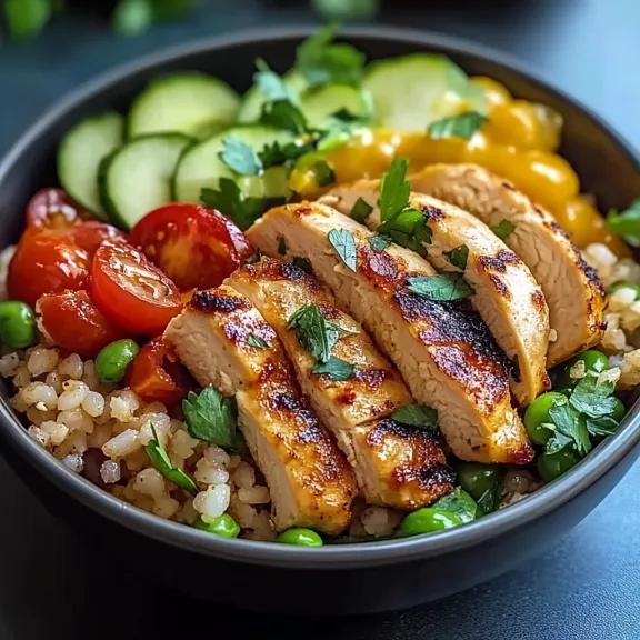 A loaded bowl with chicken, peppers, and cherry tomatoes on top.