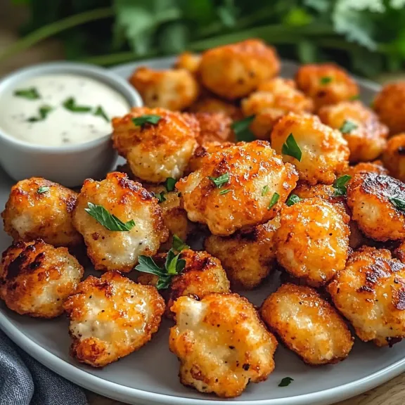 Crispy bites on a plate with a side of dipping sauce.
