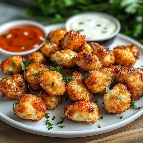 A plate piled with crispy chicken nuggets and a tasty dipping sauce.