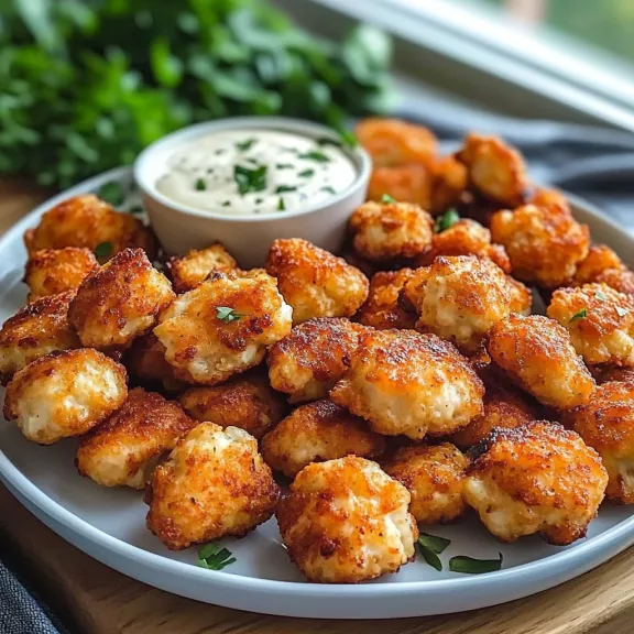 A plate piled with crispy chicken nuggets and a tasty dipping sauce.