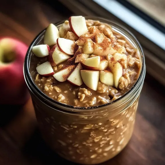 A jar of oatmeal with apples and cinnamon.