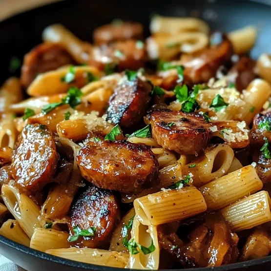 A bowl of pasta with sausage and vegetables.